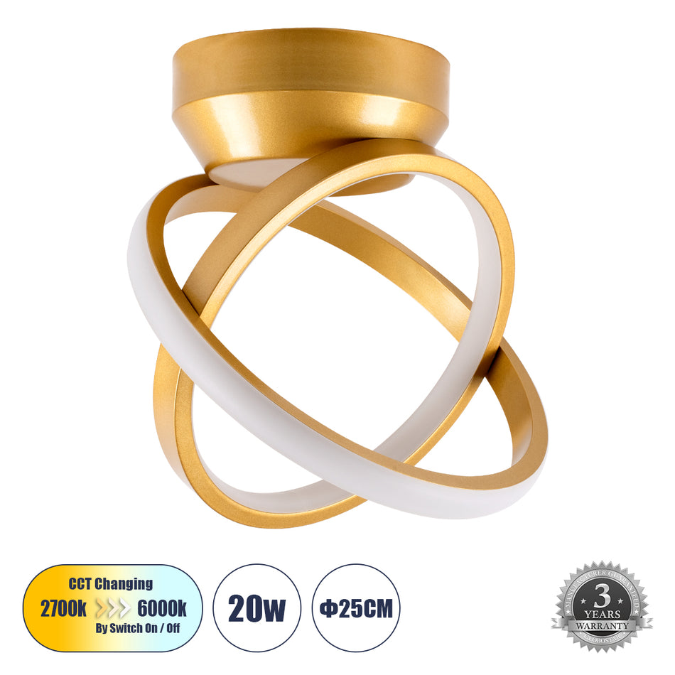AMELIA 61054 Moderne LED-Deckenleuchte 20W 2400lm 300° AC 220-240V IP20 Dimmbares Weiß CCT mit Ein/Aus 2700K/4500K/6000K - Lumileds SMD Chip - Gebürstetes Gold - L24,5 x B16 x H25cm - 3 Jahre Garantie