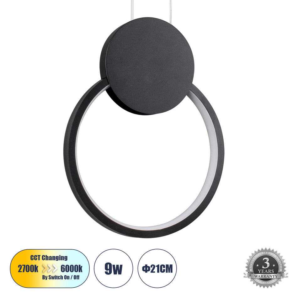 GLOBOSTAR® CYCLOS 61073 Μοντέρνο Κρεμαστό Φωτιστικό Οροφής LED 9W 1080lm 300° AC 220-240V IP20 Ρυθμιζόμενο Λευκό CCT με On/Off 2700K/4500K/6000K - Lumileds SMD Chip - Μαύρο Ματ - Μ21 x Π2.3 x Υ26.5cm - 3 Χρόνια Εγγύηση