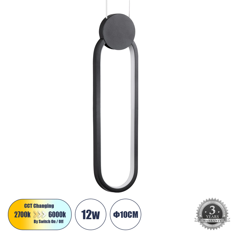 GLOBOSTAR® ILDI 61088 Μοντέρνο Κρεμαστό Φωτιστικό Οροφής LED 12W 1440lm 300° AC 220-240V IP20 Ρυθμιζόμενο Λευκό CCT με On/Off 2700K/4500K/6000K - Lumileds SMD Chip - Μαύρο Ματ- Μ10 x Π2.3 x Υ38cm - 3 Χρόνια Εγγύηση