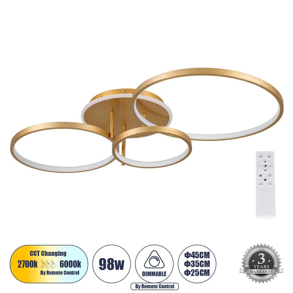 GLOBOSTAR® NEMESIS 61110 Μοντέρνο Φωτιστικό Οροφής LED 98W 11858lm 360° AC 220-240V IP20 Ρυθμιζόμενο Λευκό CCT με Χειριστήριο από 2700K έως 6000K Dimmable - Lumileds SMD Chip - Χρυσό Βούρτσας - Μ89 x Π60 x Υ19cm - 3 Χρόνια Εγγύηση