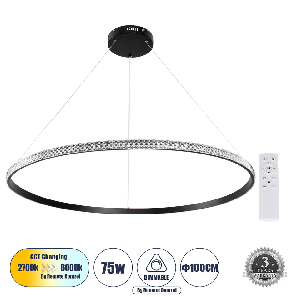 GLOBOSTAR® DIAMOND 61134 Μοντέρνο Κρεμαστό Φωτιστικό Οροφής LED 75W 8743lm 360° AC 220-240V IP20 Ρυθμιζόμενο Λευκό CCT με Χειριστήριο από 2700K έως 6000K Dimmable - Lumileds SMD Chip - Μαύρο Ματ - Μ100 x Π100 x Υ3cm - 3 Χρόνια Εγγύηση