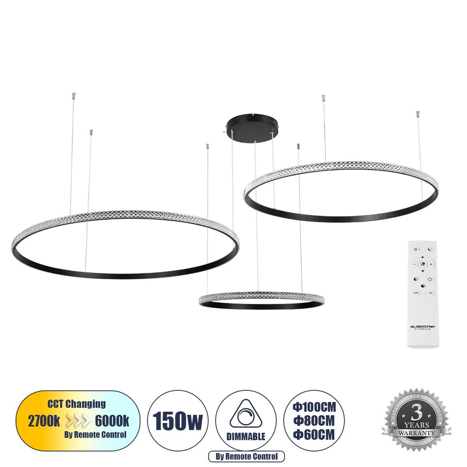 GLOBOSTAR® DIAMOND TRIO 61146 Μοντέρνο Κρεμαστό Φωτιστικό Οροφής LED 150W 18379lm 360° AC 220-240V IP20 Ρυθμιζόμενο Λευκό CCT με Χειριστήριο από 2700K έως 6000K Dimmable - Lumileds SMD Chip - Μαυρό Ματ - Μ170 x Π170 x Υ60cm - 3 Χρόνια Εγγύηση