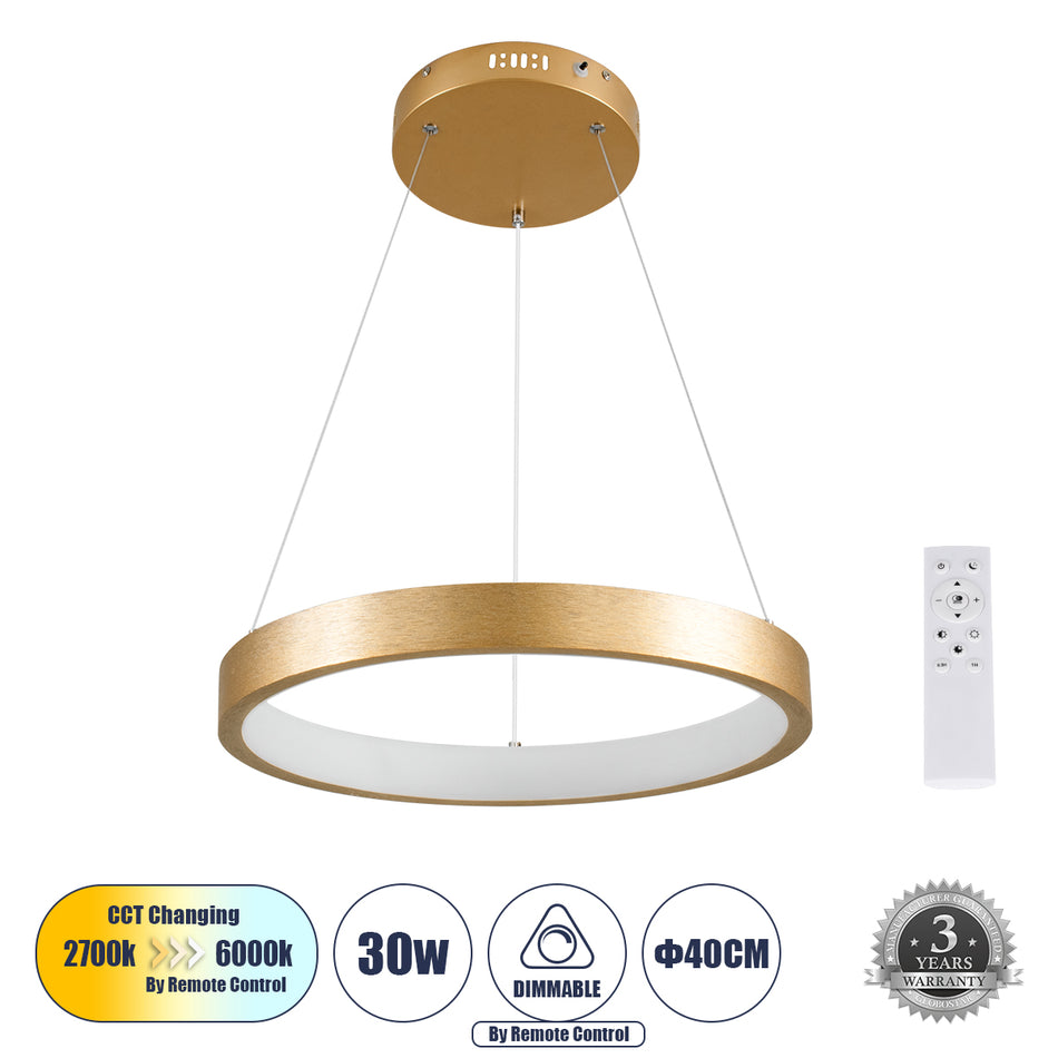 GLOBOSTAR® NEMESIS 61157 Μοντέρνο Κρεμαστό Φωτιστικό Οροφής LED 30W 3513lm 360° AC 220-240V IP20 Ρυθμιζόμενο Λευκό CCT με Χειριστήριο από 2700K έως 6000K Dimmable - Lumileds SMD Chip - Χρυσό Βούρτσας - Μ40 x Π40 x Υ4cm - 3 Χρόνια Εγγύηση