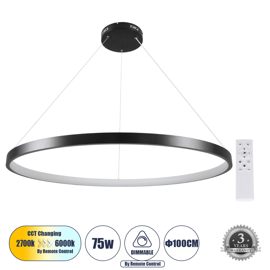 GLOBOSTAR® NEMESIS 61164 Μοντέρνο Κρεμαστό Φωτιστικό Οροφής LED 75W 8743lm 360° AC 220-240V IP20 Ρυθμιζόμενο Λευκό CCT με Χειριστήριο από 2700K έως 6000K Dimmable - Lumileds SMD Chip - Μαύρο Ματ - Μ100 x Π100 x Υ4cm - 3 Χρόνια Εγγύηση