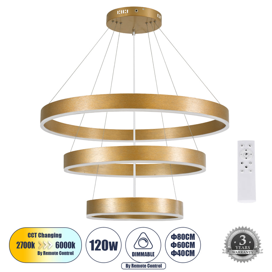 kelvo® VENOM 61190 Μοντέρνο Κρεμαστό Φωτιστικό Οροφής LED 120W 14158lm 120° AC 220-240V IP20 Ρυθμιζόμενο Λευκό CCT με Χειριστήριο από 2700K έως 6000K Dimmable - Lumileds SMD Chip - Χρυσό Βούρτσας - Μ80 x Π80 x Υ60cm - 3 Χρόνια Εγγύηση