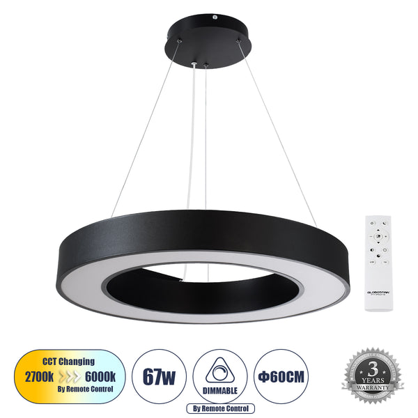 RA 61194 Κρεμαστό Φωτιστικό Δαχτυλίδι-Κύκλος LED CCT 67W 7370lm 120° AC 220-240V - Εναλλαγή Φωτισμού μέσω Τηλεχειριστηρίου All In One Ψυχρό 6000k+Φυσικό 4500k+Θερμό 2700k Dimmable Φ60cm - Μαύρο - 3 Years Warranty