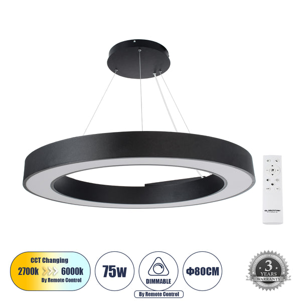 RA 61196 Κρεμαστό Φωτιστικό Δαχτυλίδι-Κύκλος LED CCT 75W 8250lm 120° AC 220-240V - Εναλλαγή Φωτισμού μέσω Τηλεχειριστηρίου All In One Ψυχρό 6000k+Φυσικό 4500k+Θερμό 2700k Dimmable Φ80cm - Μαύρο - 3 Years Warranty