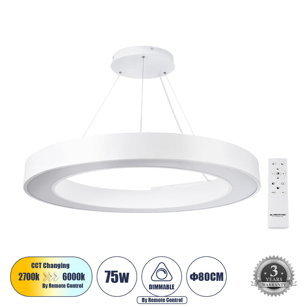 RA 61197 Κρεμαστό Φωτιστικό Δαχτυλίδι-Κύκλος LED CCT 75W 8250lm 120° AC 220-240V - Εναλλαγή Φωτισμού μέσω Τηλεχειριστηρίου All In One Ψυχρό 6000k+Φυσικό 4500k+Θερμό 2700k Dimmable Φ80cm - Λευκό - 3 Years Warranty