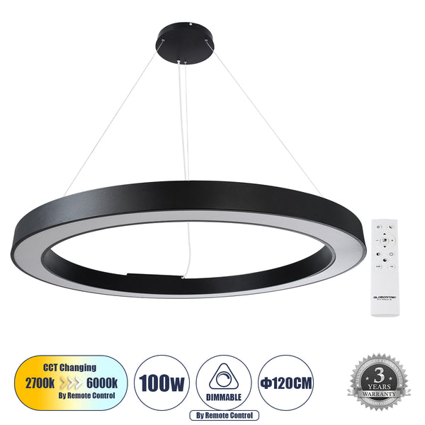 RA 61198 Κρεμαστό Φωτιστικό Δαχτυλίδι-Κύκλος LED CCT 100W 11020lm 120° AC 220-240V - Εναλλαγή Φωτισμού μέσω Τηλεχειριστηρίου All In One Ψυχρό 6000k+Φυσικό 4500k+Θερμό 2700k Dimmable Φ120cm - Μαύρο - 3 Years Warranty