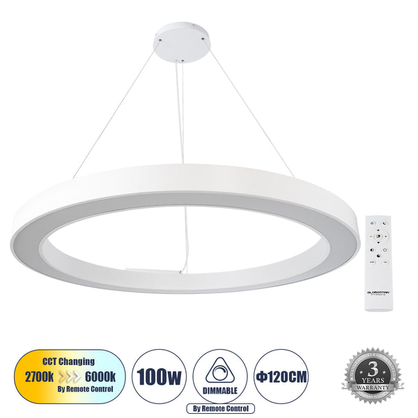 RA 61199 Κρεμαστό Φωτιστικό Δαχτυλίδι-Κύκλος LED CCT 100W 11020lm 120° AC 220-240V - Εναλλαγή Φωτισμού μέσω Τηλεχειριστηρίου All In One Ψυχρό 6000k+Φυσικό 4500k+Θερμό 2700k Dimmable Φ120cm - Λευκό - 3 Years Warranty