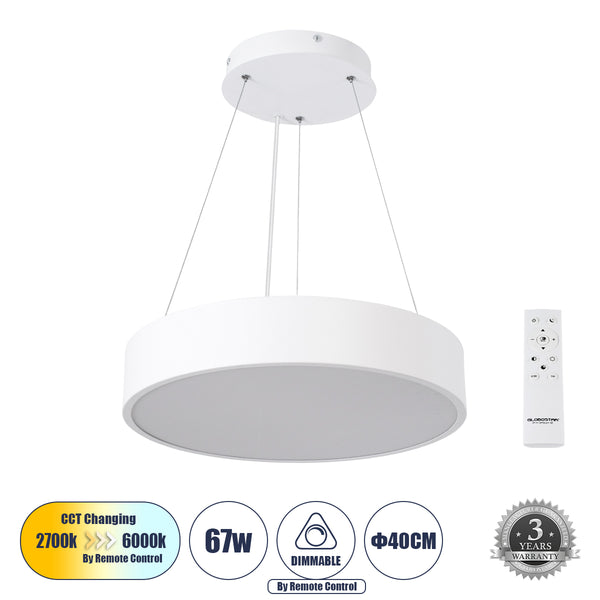 BURTON 61201-P Κρεμαστή Πλαφονιέρα Οροφής LED CCT 67W 7370lm 120° AC 220-240V - Εναλλαγή Φωτισμού μέσω Τηλεχειριστηρίου All In One Ψυχρό 6000k+Φυσικό 4500k+Θερμό 2700k Dimmable Φ40cm - Λευκό - 3 Years Warranty