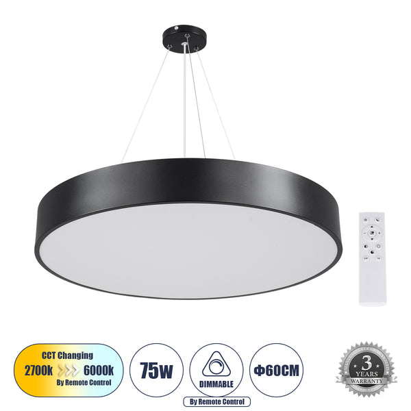 BURTON 61202-P Κρεμαστή Πλαφονιέρα Οροφής LED CCT 75W 8625lm 120° AC 220-240V - Εναλλαγή Φωτισμού μέσω Τηλεχειριστηρίου All In One Ψυχρό 6000k+Φυσικό 4500k+Θερμό 2700k Dimmable Φ60cm - Μαύρο - 3 Years Warranty