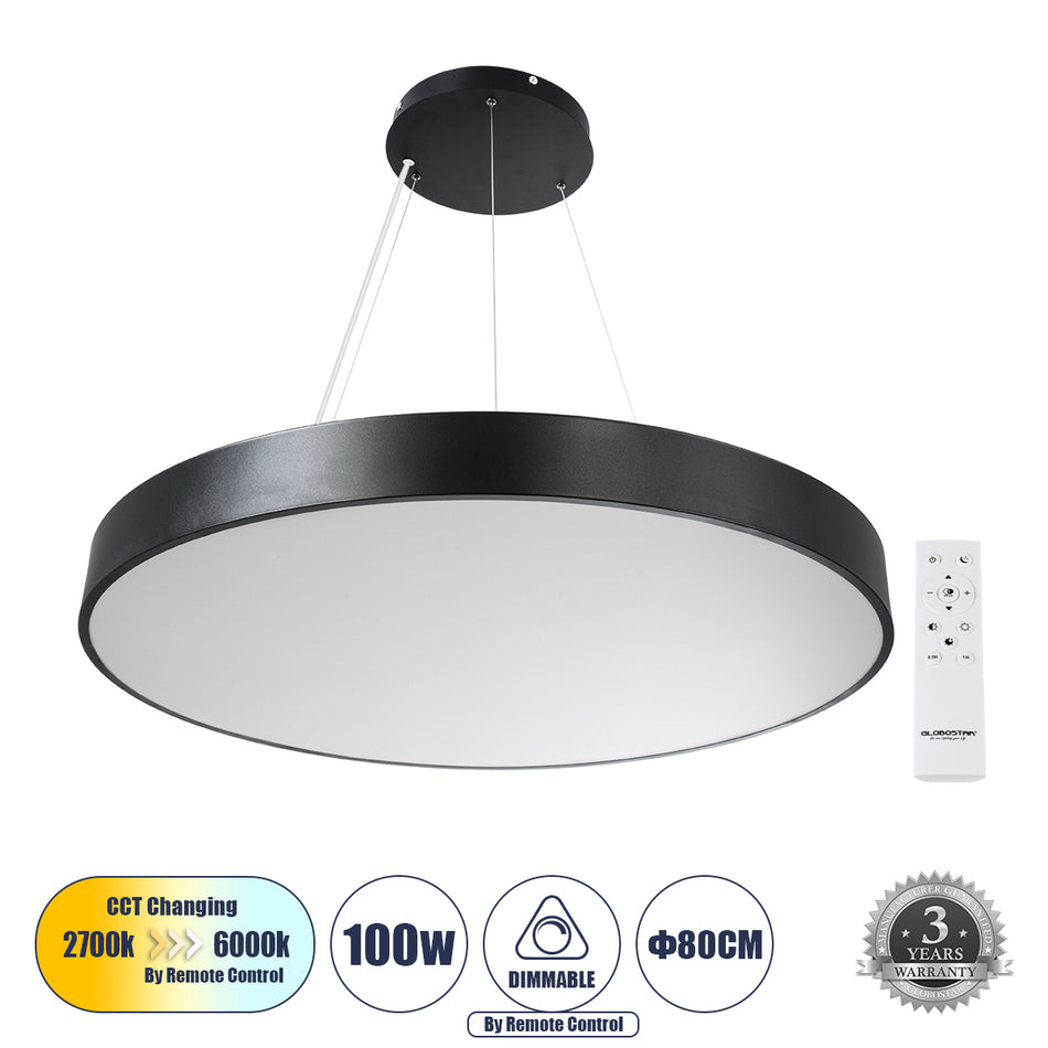 GLOBOSTAR® BURTON 61204 Μοντέρνο Κρεμαστό Φωτιστικό Οροφής LED 100W 11020lm 120° AC 220-240V IP20 Ρυθμιζόμενο Λευκό CCT με Χειριστήριο από 2700K έως 6000K Dimmable - Lumileds SMD Chip - Μαύρο Ματ - Μ80 x Π80 x Υ8cm - 3 Χρόνια Εγγύηση