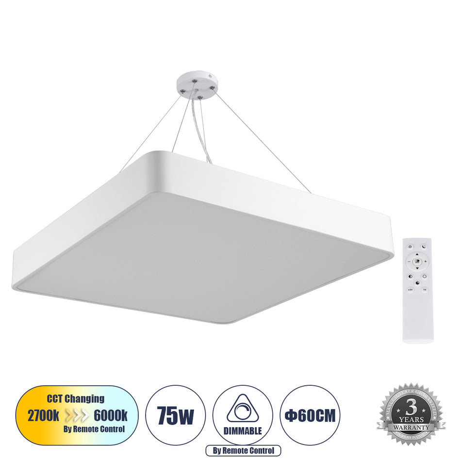 KAMALA 61209 Μοντέρνο Κρεμαστό Φωτιστικό Οροφής LED 75W 8625lm 120° AC 220-240V IP20 Ρυθμιζόμενο Λευκό CCT με Χειριστήριο από 2700K έως 6000K Dimmable - Lumileds SMD Chip - Λευκό Ματ - Μ60 x Π60 x Υ8cm - 3 Χρόνια Εγγύηση