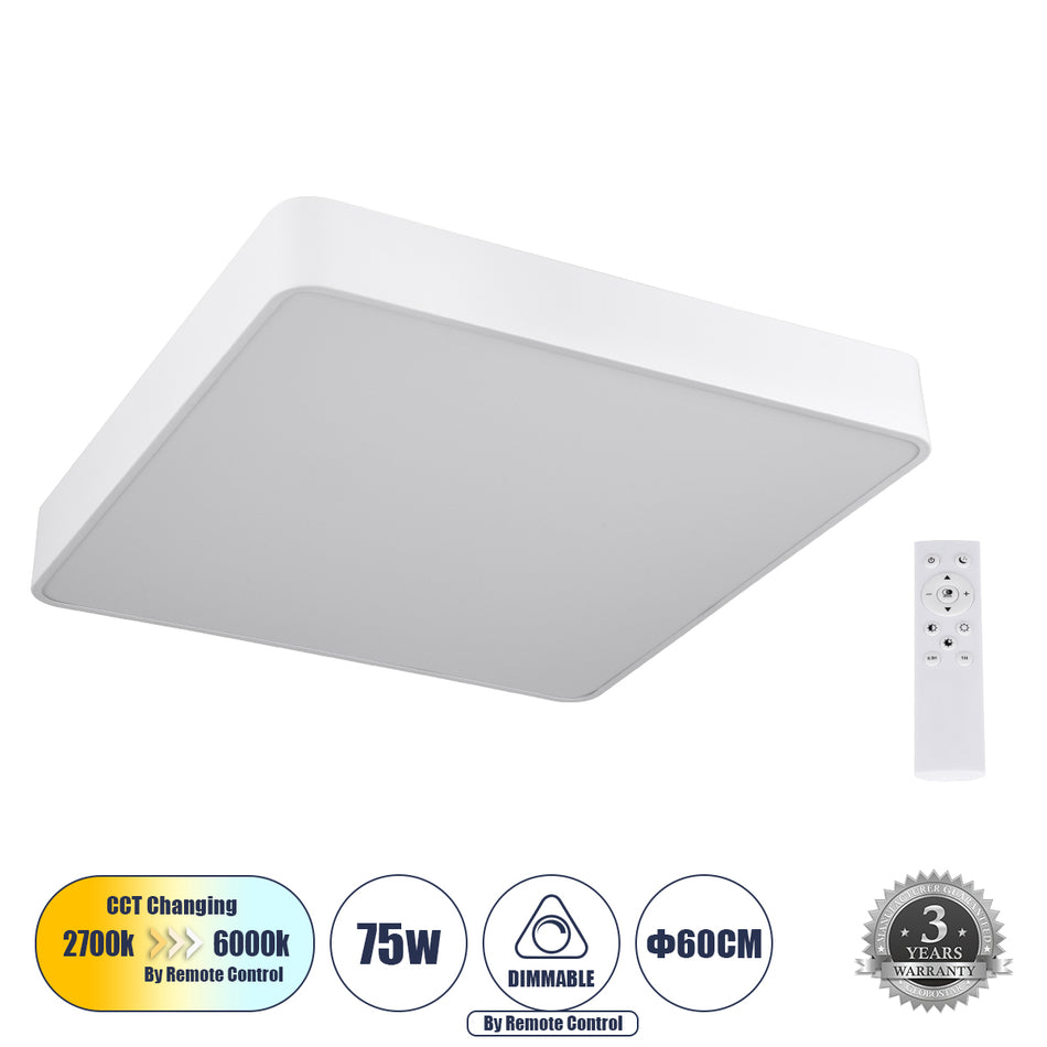 KAMALA 61209-S Moderne LED-Deckenleuchte 75W 8625lm 120° AC 220-240V IP20 Einstellbares Weiß CCT mit Fernbedienung von 2700K bis 6000K Dimmbar - Lumileds SMD Chip - Mattweiß - L60 x B60 x H8cm - 3 Jahre Garantie