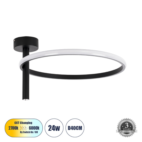 VERONA 61220 Φωτιστικό Οροφής Δαχτυλίδι-Κύκλος LED CCT 24W 2688lm 360° AC 220-240V - Εναλλαγή Φωτισμού μέσω Διακόπτη On/Off All In One Ψυχρό 6000k+Φυσικό 4500k+Θερμό 2700k Φ40 x Υ23cm - Μαύρο - 3 Χρόνια Εγγύηση