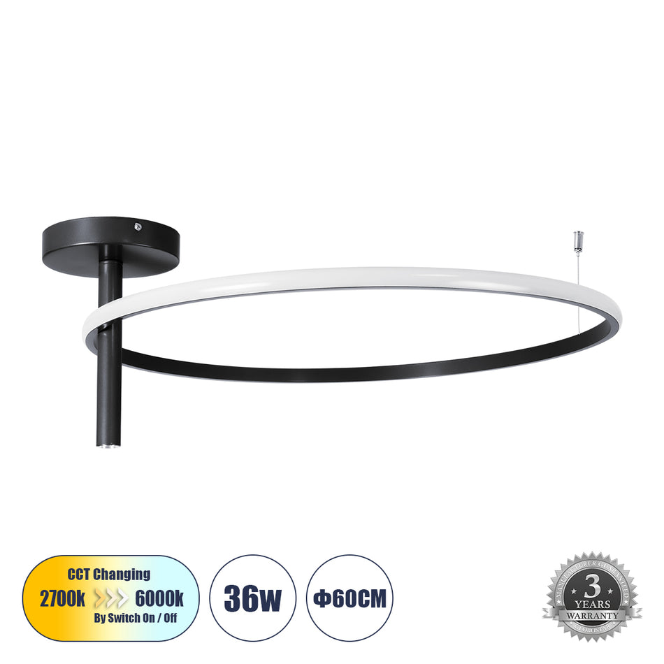 GLOBOSTAR® VERONA 61223 Μοντέρνο Φωτιστικό Οροφής LED 36W 4032lm 360° AC 220-240V IP20 Ρυθμιζόμενο Λευκό CCT με On/Off 2700K/4500K/6000K - Lumileds SMD Chip - Μαύρο Ματ - Μ60 x Π60 x Υ23cm - 3 Χρόνια Εγγύηση