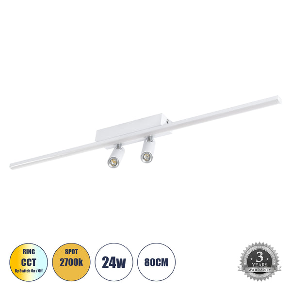 BARETTI 61227 Φωτιστικό Οροφής Linear Design LED CCT με Κινούμενα Σποτ LED Downlight 24W 2688lm 160° & 45° AC 220-240V IP20  - Εναλλαγή Φωτισμού μέσω Διακόπτη On/Off All In One Ψυχρό 6000k+Φυσικό 4500k+Θερμό 2700k - Μ80 x Π5.5 x Υ5 cm - Λευκό - 3 Χρόνι...