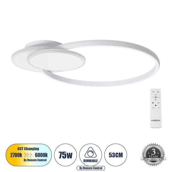 CIRCUO 61230 Φωτιστικό Οροφής Δαχτυλίδι-Κύκλος LED CCT 75W 8400lm 360° AC 220-240V - Εναλλαγή Φωτισμού μέσω Τηλεχειριστηρίου All In One Ψυχρό 6000k+Φυσικό 4500k+Θερμό 2700k Dimmable Μ53 x Π42.5 x Υ9cm - Λευκό - 3 Years Warranty