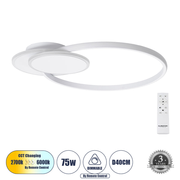 CIRCUO 61230 Φωτιστικό Οροφής Δαχτυλίδι-Κύκλος LED CCT 75W 8400lm 360° AC 220-240V - Εναλλαγή Φωτισμού μέσω Τηλεχειριστηρίου All In One Ψυχρό 6000k+Φυσικό 4500k+Θερμό 2700k Dimmable Μ53 x Π42.5 x Υ9cm - Λευκό - 3 Years Warranty