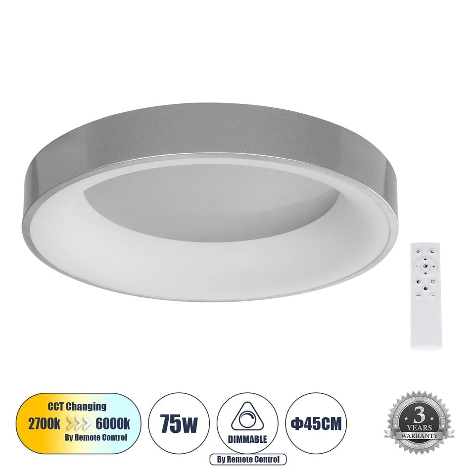 SALEM 61234 Moderne LED-Deckenleuchte 75W 8625lm 120° AC 220-240V IP20 Einstellbares Weiß CCT mit Fernbedienung von 2700K bis 6000K Dimmbar - Lumileds SMD Chip - Grau - L45 x B45 x H9.5cm - 3 Jahre Garantie