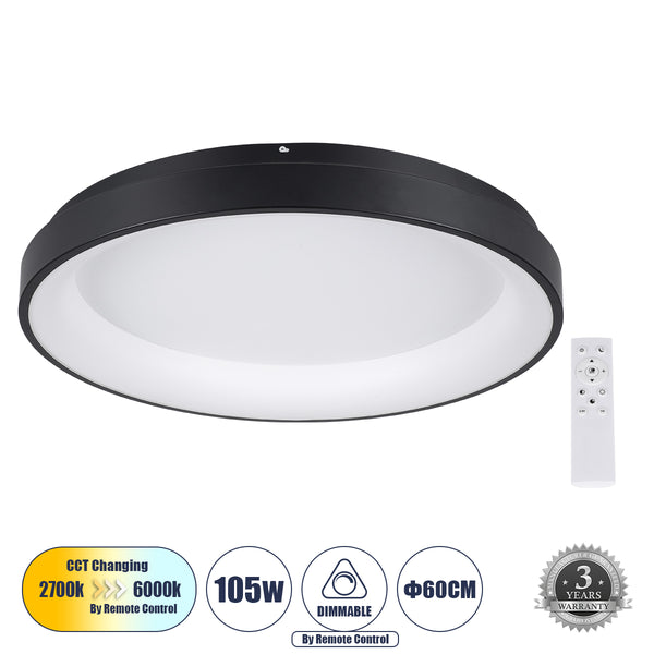 SALEM 61237 Πλαφονιέρα Οροφής Δαχτυλίδι-Κύκλος LED CCT 105W 12075lm 120° AC 220-240V - Εναλλαγή Φωτισμού μέσω Τηλεχειριστηρίου All In One Ψυχρό 6000k+Φυσικό 4500k+Θερμό 2700k Dimmable Φ60cm - Μαύρο - 3 Years Warranty