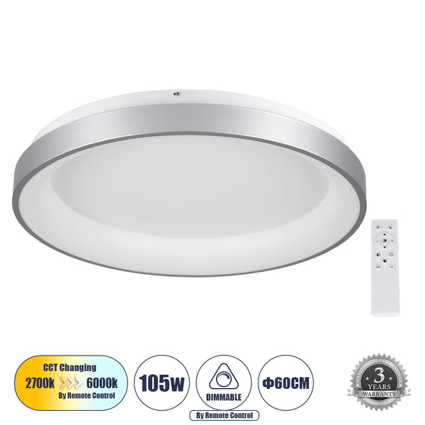 SALEM 61238 Πλαφονιέρα Οροφής Δαχτυλίδι-Κύκλος LED CCT 105W 12075lm 120° AC 220-240V - Εναλλαγή Φωτισμού μέσω Τηλεχειριστηρίου All In One Ψυχρό 6000k+Φυσικό 4500k+Θερμό 2700k Dimmable Φ60cm - Ασημί - 3 Years Warranty