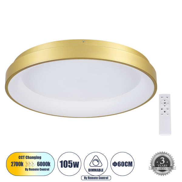 SALEM 61239 Πλαφονιέρα Οροφής Δαχτυλίδι-Κύκλος LED CCT 105W 12075lm 120° AC 220-240V - Εναλλαγή Φωτισμού μέσω Τηλεχειριστηρίου All In One Ψυχρό 6000k+Φυσικό 4500k+Θερμό 2700k Dimmable Φ60cm - Χρυσό Σαμπανιζέ - 3 Years Warranty