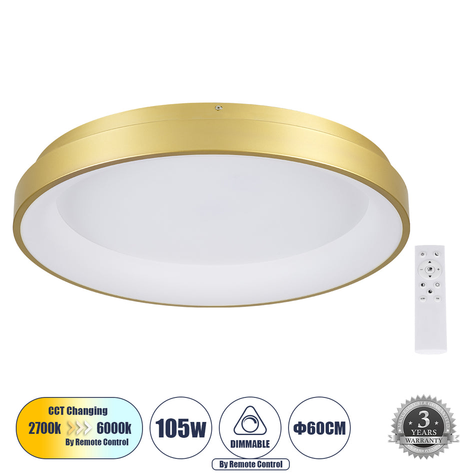GLOBOSTAR® SALEM 61239 Μοντέρνο Φωτιστικό Οροφής LED 105W 12075lm 120° AC 220-240V IP20 Ρυθμιζόμενο Λευκό CCT με Χειριστήριο από 2700K έως 6000K Dimmable - Lumileds SMD Chip - Χρυσό - Μ60 x Π60 x Υ9.5cm - 3 Χρόνια Εγγύηση