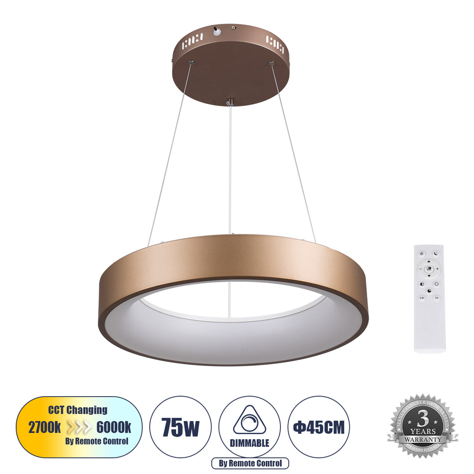 GLOBOSTAR® SALEM 61244 Μοντέρνο Κρεμαστό Φωτιστικό Οροφής LED 75W 8625lm 120° AC 220-240V IP20 Ρυθμιζόμενο Λευκό CCT με Χειριστήριο από 2700K έως 6000K Dimmable - Lumileds SMD Chip - Καφέ Ματ - Μ45 x Π45 x Υ7cm - 3 Χρόνια Εγγύηση