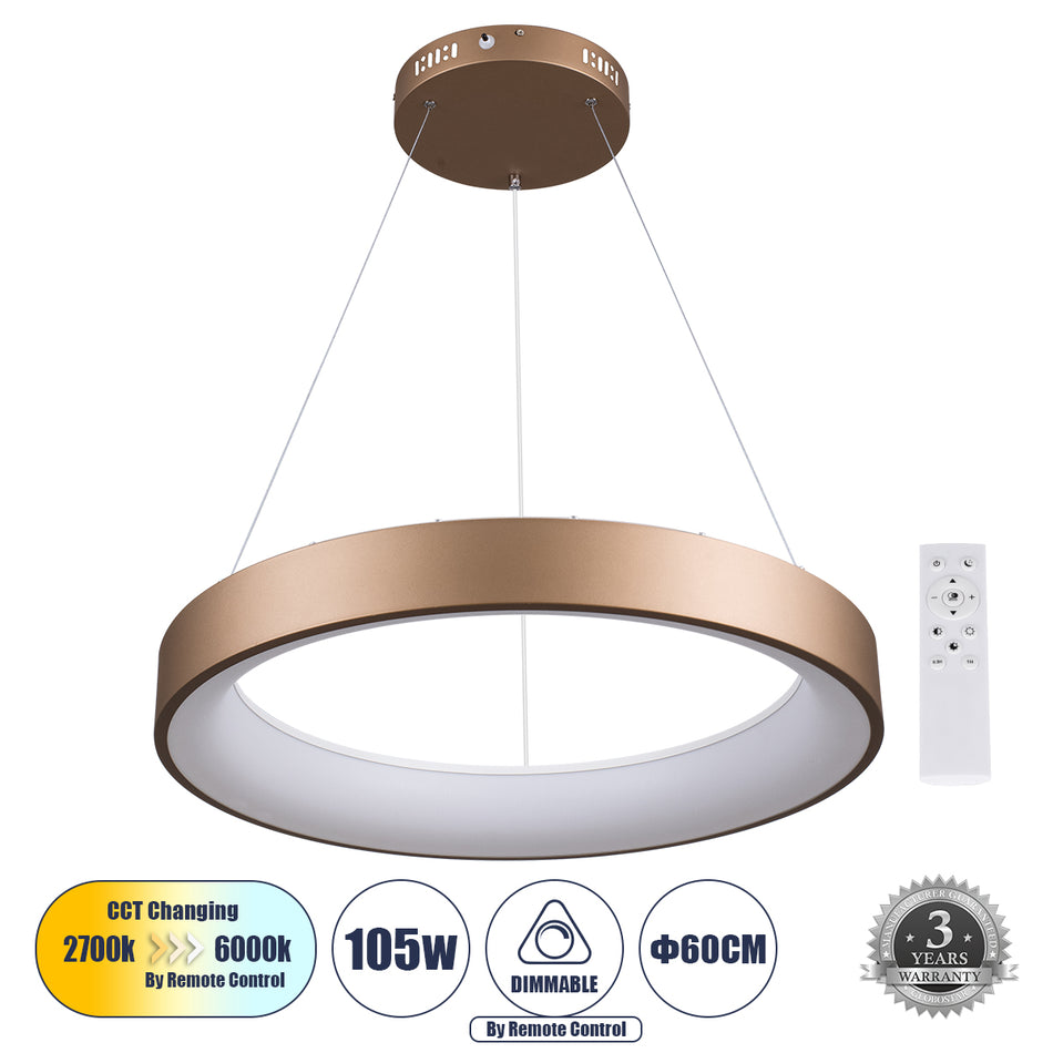 GLOBOSTAR® SALEM 61248 Μοντέρνο Κρεμαστό Φωτιστικό Οροφής LED 105W 12075lm 120° AC 220-240V IP20 Ρυθμιζόμενο Λευκό CCT με Χειριστήριο από 2700K έως 6000K Dimmable - Lumileds SMD Chip - Καφέ Ματ - Μ60 x Π60 x Υ7cm - 3 Χρόνια Εγγύηση