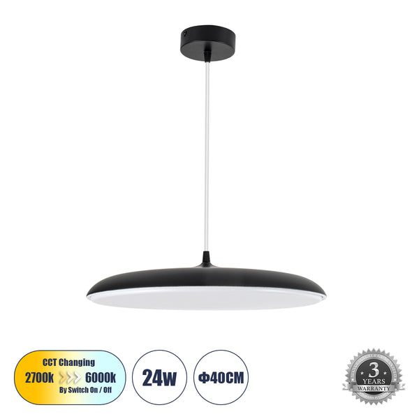 BARON 61254 Κρεμαστή Πλαφονιέρα Οροφής LED CCT 24W 2880lm 120° AC 220-240V - Εναλλαγή Φωτισμού μέσω Διακόπτη On/Off All In One Ψυχρό 6000k+Φυσικό 4500k+Θερμό 2700k Φ40 x Υ10cm - Μαύρο - 3 Years Warranty