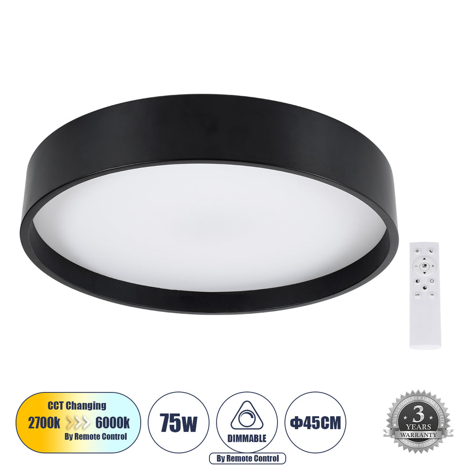 GLOBOSTAR® NARNIA 61257 Μοντέρνο Φωτιστικό Οροφής LED 75W 8625lm 120° AC 220-240V IP20 Ρυθμιζόμενο Λευκό CCT με Χειριστήριο από 2700K έως 6000K Dimmable - Lumileds SMD Chip - Μαύρο Ματ - Μ45 x Π45 x Υ8cm - 3 Χρόνια Εγγύηση