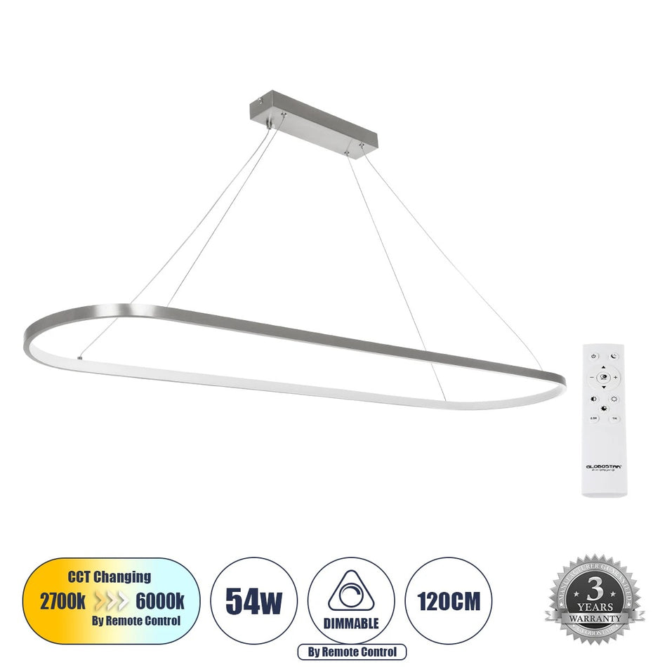 BOLIVAR 61273 Μοντέρνο Κρεμαστό Φωτιστικό Οροφής LED 54W 6210lm 360° AC 220-240V IP20 Ρυθμιζόμενο Λευκό CCT με Χειριστήριο από 2700K έως 6000K Dimmable - Lumileds SMD Chip - Νίκελ Βούρτσας - Μ120 x Π30 x Υ2cm - 3 Χρόνια Εγγύηση