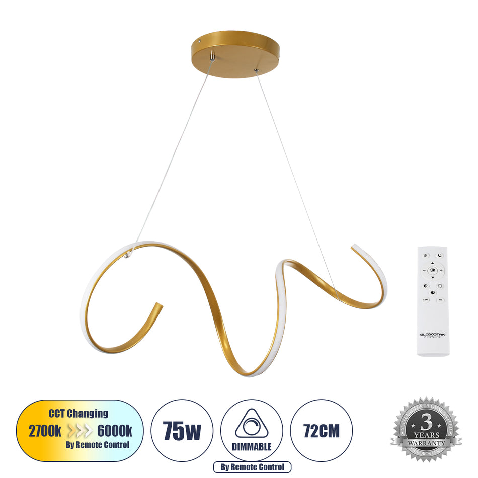 SPIRALE 61286 Μοντέρνο Κρεμαστό Φωτιστικό Οροφής LED 75W 8400lm 300° AC 220-240V IP20 Ρυθμιζόμενο Λευκό CCT με Χειριστήριο από 2700K έως 6000K Dimmable - Lumileds SMD Chip - Χρυσό Βούρτσας - Μ72 x Π25 x Υ30cm - 3 Χρόνια Εγγύηση
