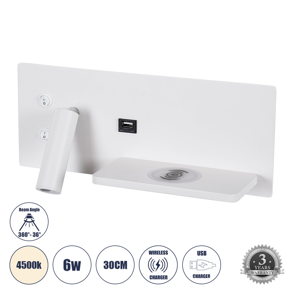 GLOBOSTAR® PALADIN 61354 Μοντέρνο Φωτιστικό Τοίχου - Απλίκα Ξενοδοχείου Reading Light με Φορτιστή USB 3A & Wireless 20W LED 6W 720lm 36° & 360° AC 220-240V IP20 Φυσικό Λευκό 4500K - Bridgelux COB Chip & TÜV SÜD Driver - Λευκό Ματ - Μ30 x Π11 x Υ12cm - ...