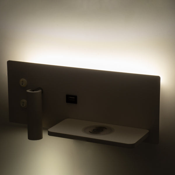 PALADIN Moderne Wandleuchte – Leselicht und versteckte Beleuchtung – LED am Bett, 6 W, 720 lm, 36° AC 220–240 V – USB-Ladegeräte 3 A und kabellos 20 W