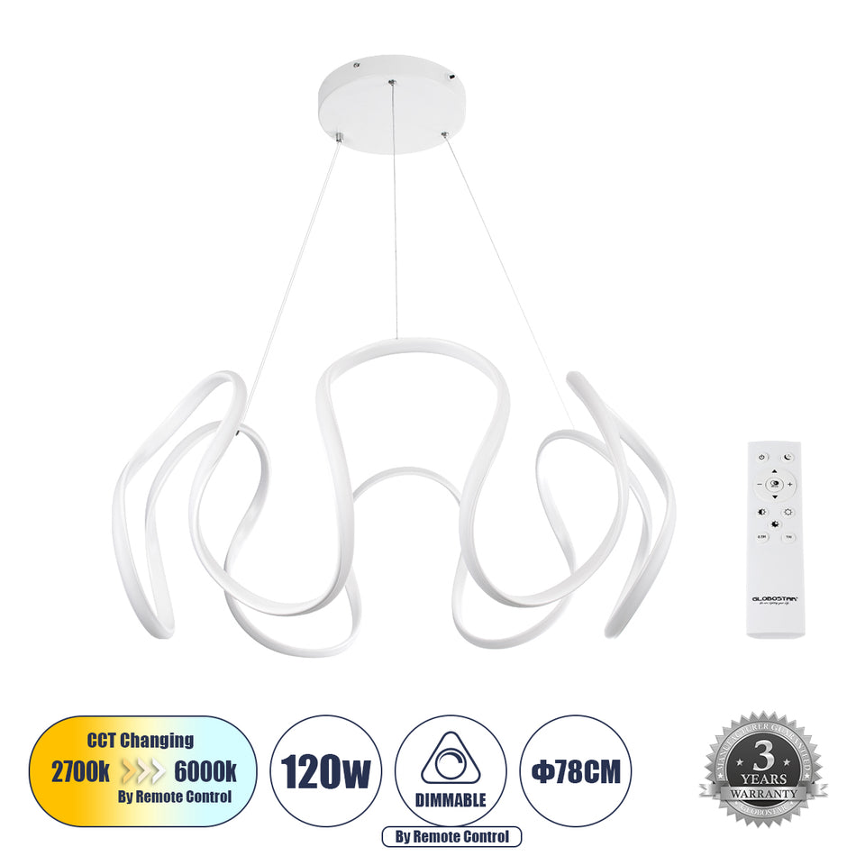 GLOBOSTAR® TARANTULA 61395 Μοντέρνο Κρεμαστό Φωτιστικό Οροφής LED 120W 13440lm 300° AC 220-240V IP20 Ρυθμιζόμενο Λευκό CCT με Χειριστήριο από 2700K έως 6000K Dimmable - Lumileds SMD Chip - Λευκό Ματ - Μ78 x Π78 x Υ31.5cm - 3 Χρόνια Εγγύηση