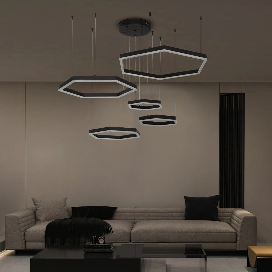 kelvo® LEXAGON 61397 Μοντέρνο Κρεμαστό Φωτιστικό Οροφής LED 120W 12000lm 200° AC 220-240V IP20 Ρυθμιζόμενο Λευκό CCT με Χειριστήριο από 2700K έως 6000K Dimmable - Lumileds SMD Chip - Μαύρο - Μ110 x Π90 x Υ110cm - 3 Χρόνια Εγγύηση