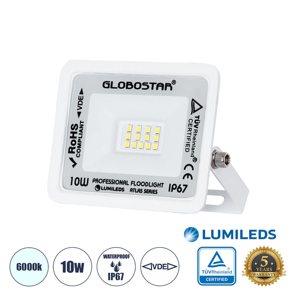 ATLAS 61404 Επαγγελματικός Προβολέας LED 10W 1250lm 120° AC 220-240V - Αδιάβροχος IP67 - Μ10 x Π2 x Υ8cm - Λευκό - Ψυχρό Λευκό 6000K - LUMILEDS Chips - TÜV Rheinland Certified - 5 Years Warranty