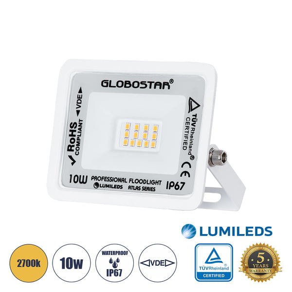 ATLAS 61406 Επαγγελματικός Προβολέας LED 10W 1150lm 120° AC 220-240V - Αδιάβροχος IP67 - Μ10 x Π2 x Υ8cm - Λευκό - Θερμό Λευκό 2700K - LUMILEDS Chips - TÜV Rheinland Certified - 5 Years Warranty