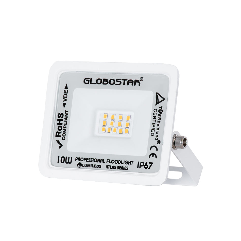 GLOBOSTAR® ATLAS 61406 Προβολέας LED 10W 1150lm 120° AC 220-240V Αδιάβροχο IP67 Θερμό Λευκό 2700K - Lumileds SMD Chip - TÜV Rheinland Certified - Λευκό Ματ - Μ10 x Π2 x Υ8cm - 5 Χρόνια Εγγύηση