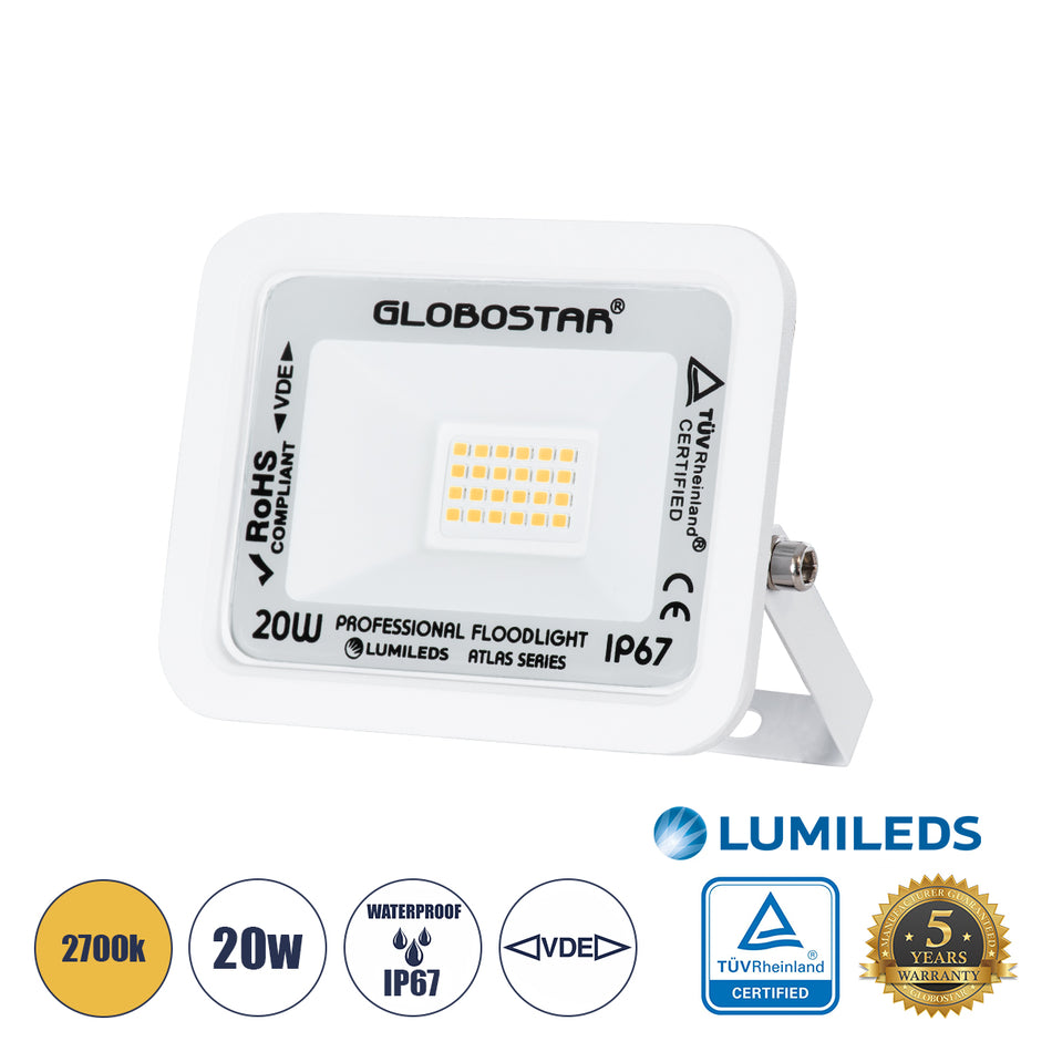 GLOBOSTAR® ATLAS 61409 Προβολέας LED 20W 2300lm 120° AC 220-240V Αδιάβροχο IP67 Θερμό Λευκό 2700K - Lumileds SMD Chip - TÜV Rheinland Certified - Λευκό Ματ - Μ12 x Π2.5 x Υ9.5cm - 5 Χρόνια Εγγύηση