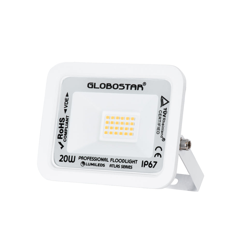 GLOBOSTAR® ATLAS 61409 Προβολέας LED 20W 2300lm 120° AC 220-240V Αδιάβροχο IP67 Θερμό Λευκό 2700K - Lumileds SMD Chip - TÜV Rheinland Certified - Λευκό Ματ - Μ12 x Π2.5 x Υ9.5cm - 5 Χρόνια Εγγύηση