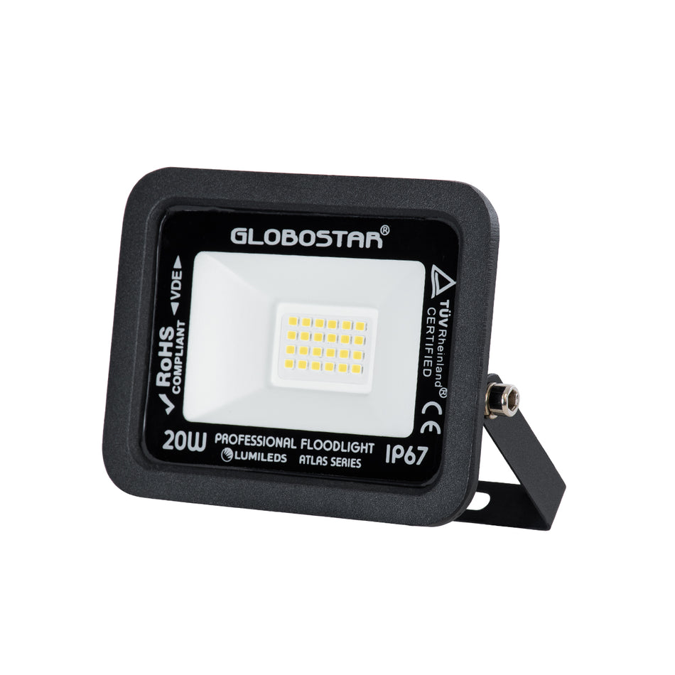 GLOBOSTAR® ATLAS 61411 Προβολέας LED 20W 2400lm 120° AC 220-240V Αδιάβροχο IP67 Φυσικό Λευκό 4500K - Lumileds SMD Chip - TÜV Rheinland Certified - Μαύρο Ματ - Μ12 x Π2.5 x Υ9.5cm - 5 Χρόνια Εγγύηση