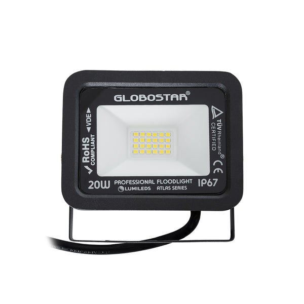 ATLAS 61411 Επαγγελματικός Προβολέας LED 20W 2400lm 120° AC 220-240V - Αδιάβροχος IP67 - Μ12 x Π2.5 x Υ9.5cm - Μαύρο - Φυσικό Λευκό 4500K - LUMILEDS Chips - TÜV Rheinland Certified - 5 Years Warranty