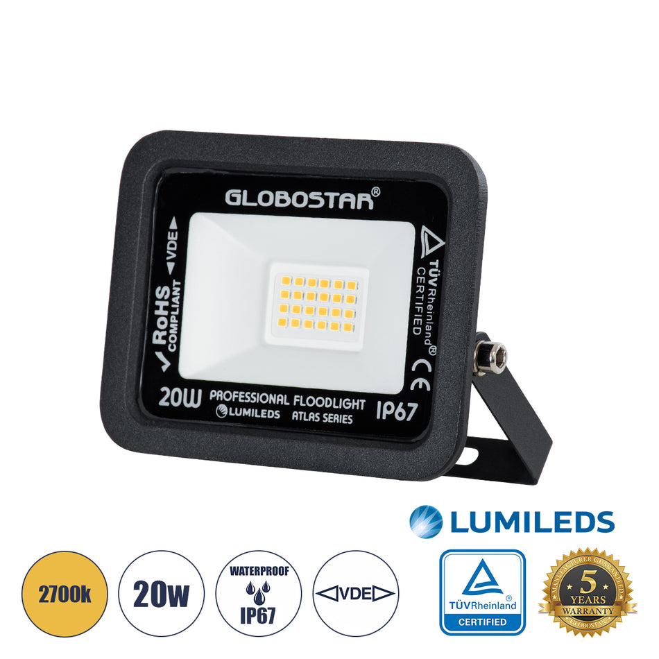 GLOBOSTAR® ATLAS 61412 Προβολέας LED 20W 2300lm 120° AC 220-240V Αδιάβροχο IP67 Θερμό Λευκό Ματ 2700K - Lumileds SMD Chip - TÜV Rheinland Certified - Μαύρο Ματ - Μ12 x Π2.5 x Υ9.5cm - 5 Χρόνια Εγγύηση