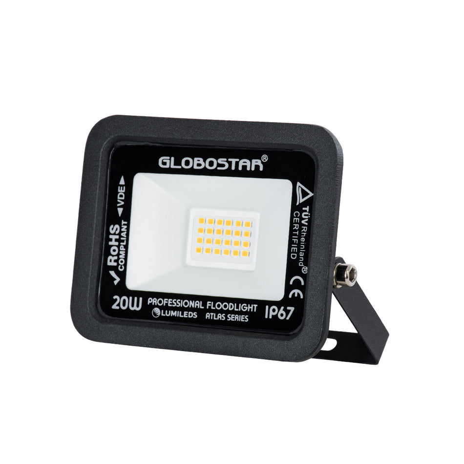 GLOBOSTAR® ATLAS 61412 Προβολέας LED 20W 2300lm 120° AC 220-240V Αδιάβροχο IP67 Θερμό Λευκό Ματ 2700K - Lumileds SMD Chip - TÜV Rheinland Certified - Μαύρο Ματ - Μ12 x Π2.5 x Υ9.5cm - 5 Χρόνια Εγγύηση