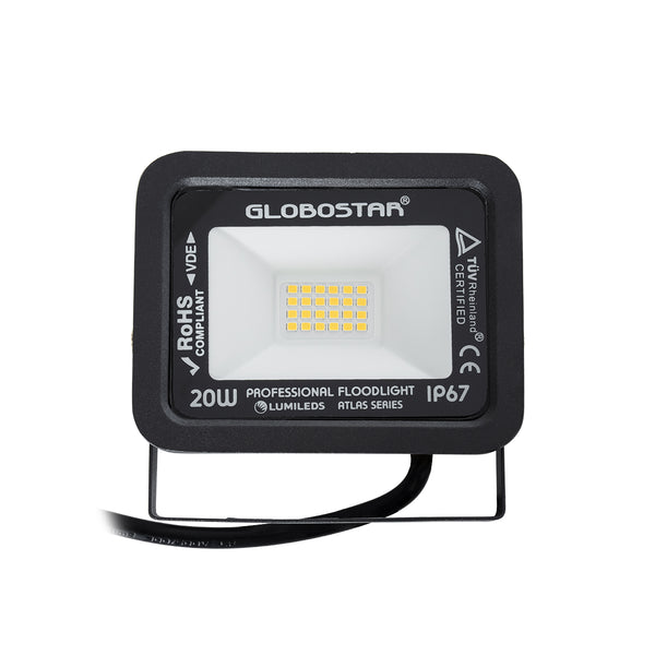 ATLAS 61412 Επαγγελματικός Προβολέας LED 20W 2300lm 120° AC 220-240V - Αδιάβροχος IP67 - Μ12 x Π2.5 x Υ9.5cm - Μαύρο - Θερμό Λευκό 2700K - LUMILEDS Chips - TÜV Rheinland Certified - 5 Years Warranty