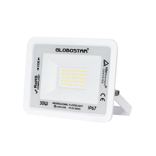 ATLAS 61414 Επαγγελματικός Προβολέας LED 30W 3600lm 120° AC 220-240V - Αδιάβροχος IP67 - Μ16 x Π2.5 x Υ12.5cm - Λευκό - Φυσικό Λευκό 4500K - LUMILEDS Chips - TÜV Rheinland Certified - 5 Years Warranty